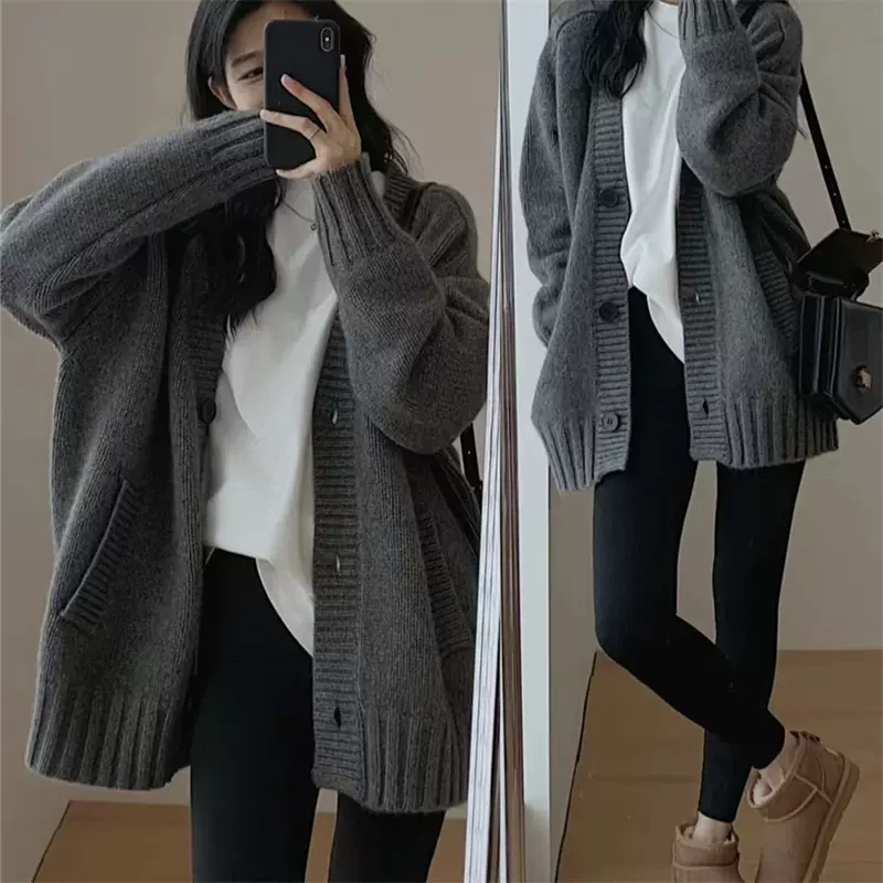 灰色慵懒风100%羊毛开衫毛衣外套女2024秋冬新款高级感羊绒上衣女