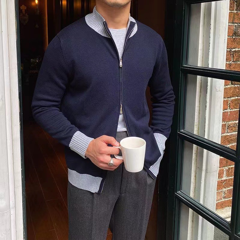 Color Blocked Double Zipper Knitted Sweater Men's Sweater Jacket Stand Up Collar Slim Fit Casual Cardigan Top_voghion.com