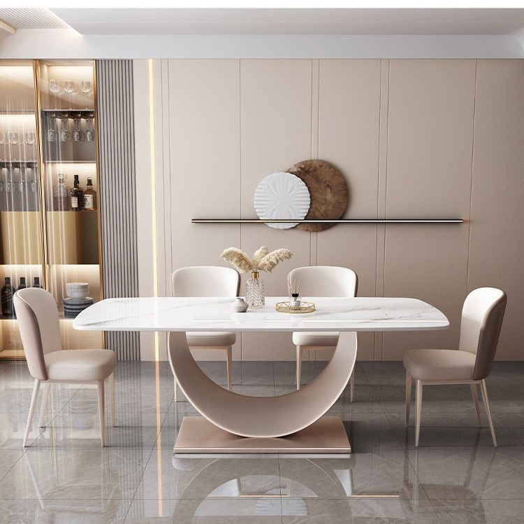 Mesa de comedor moderna de lujo ligera simple y europea, mesa de comedor de tabla de roca y silla combinada, mesa de comedor rectangular de piso grueso duradera y luminosa