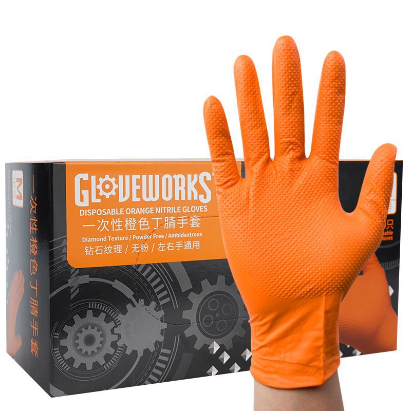 Aimas guantes desechables al por mayor textura de diamante antideslizante espesado naranja nitrilo caucho auto reparación experimento industrial