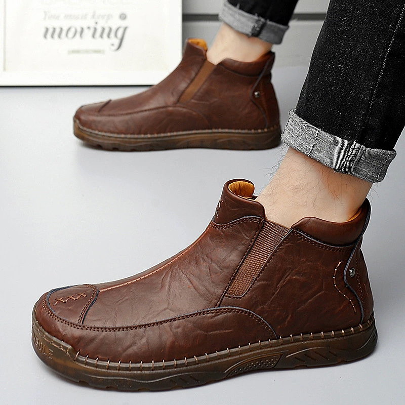 Трансграничный большой размер осенняя и зимняя говяжья основа кожаная мужская обувь коровья кожа средняя и высокая помощь мужская повседневная мягкая подошва дышащая кожаная обувь мужская