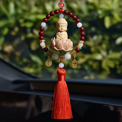 Boxwood and Peach Wood Car Decoration, Car hanging - peaceful-blessing-little-buddha-red