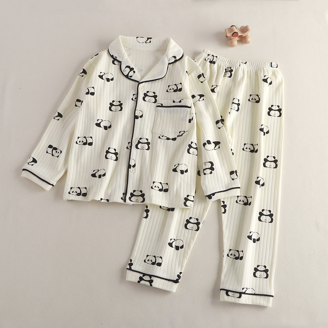 Pijamas de otoño y invierno para niños 40 algodón antibacteriano peinado cardigan de manga larga con collar conjunto de ropa de hogar para hombres y mujeres