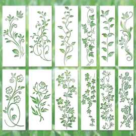 12片叶蔓花卉模板套装 - 可重复使用的春季绘画模板