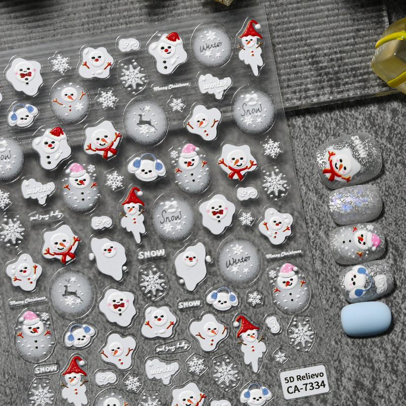 Winter Melting Snowman Nail Stickers 5D Embossed Three-Dimensional Christmas Snowman DIY Nail Art Stickers Decorations Ca Style