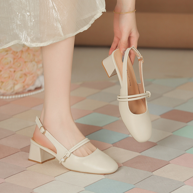 Spring and summer soft nude 4cm high heels for commuting, simple and comfortable closed-toe backless sandals for women