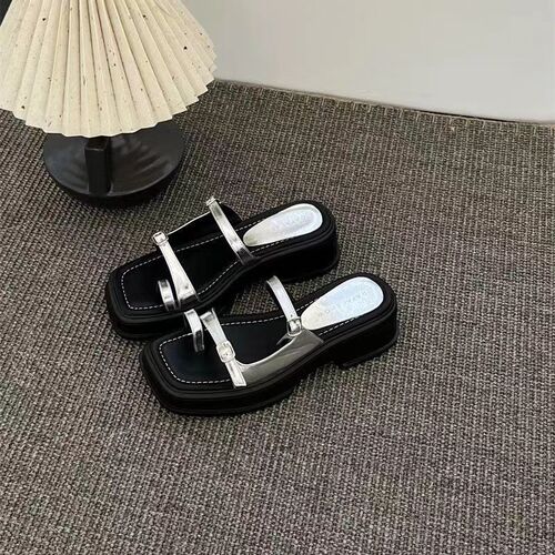 2025 Summer Slides Fluffy Toe Post Roman Single Strap Thick Heel Korean Style Slippers