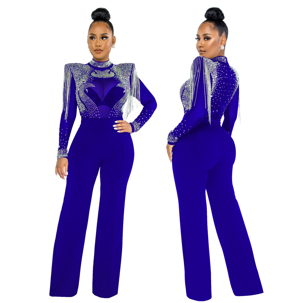 Slim High Collar Rhinestone Tassel Jumpsuit NSCYF80207