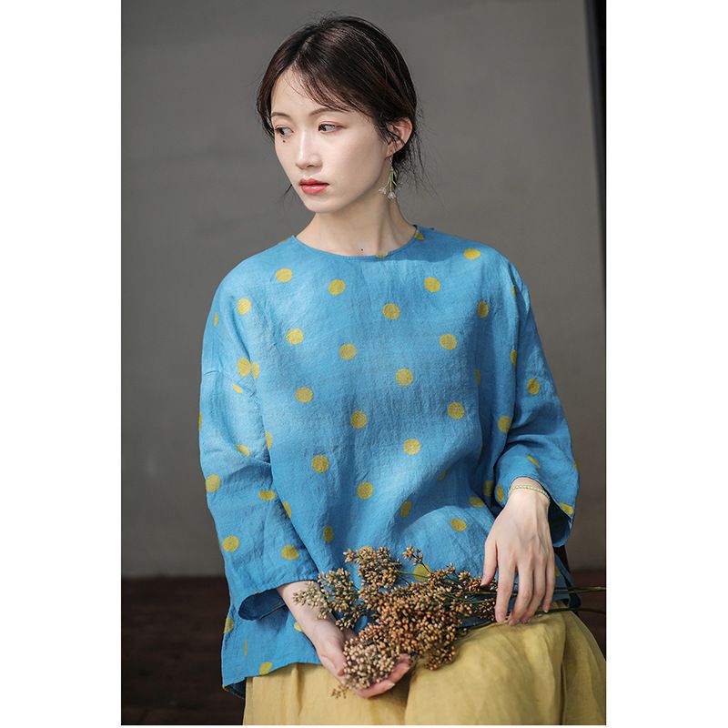 Summer Linen Sea Blue Polka Dot Jacquard Round Neck Simple Pullover Loose Simple Shirt