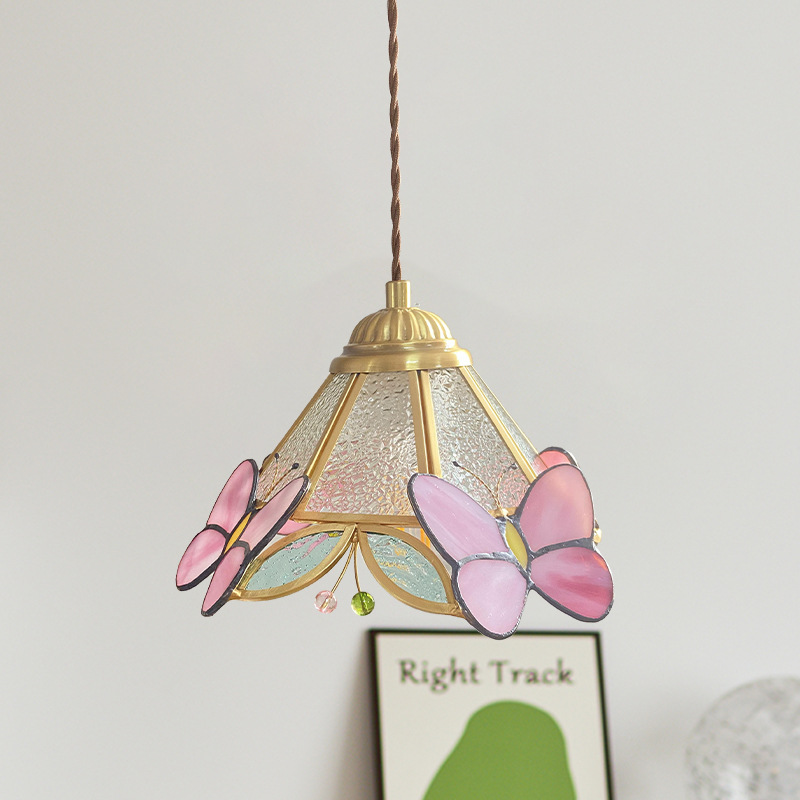 Retro latón hecho a mano vidrieras pequeña araña restaurante japonés caliente noche lámpara francesa Rosa lámpara de mariposa
