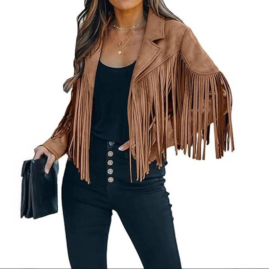2025 European and American Cross-Border Women's Faux Suede Jacket Autumn Lace Jacket Tassel Motorcycle Crop Coat