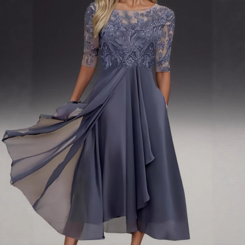 2025 European Cross-Border Amazon Dress Chiffon Splicing Lace Hollow Long Dress Bridesmaid Evening Dress Women's Clothing 2025 European Cross-Border Amazon Dress Chiffon Splicing Lace Hollow Long Dress Bridesmaid Evening Dress Women's Clothing
