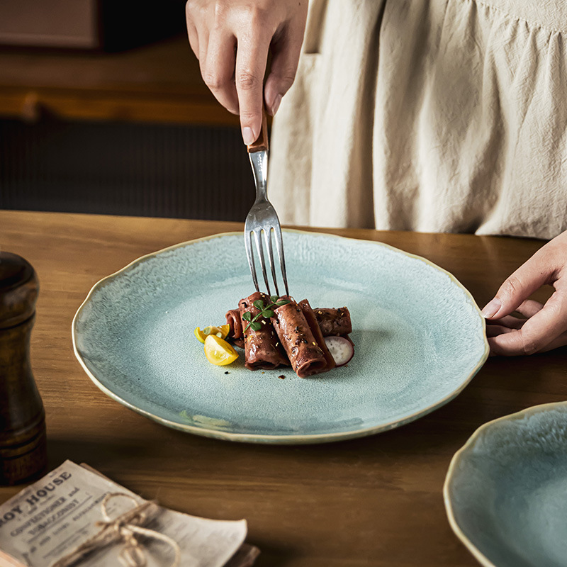 Plato de cerámica japonesa retro, plato de carne, plato de pasta, platos caseros, plato de desayuno, plato de postre