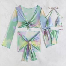 外贸新款女士分体泳衣女性感bikini扎染四件套性感泳装比基尼现货