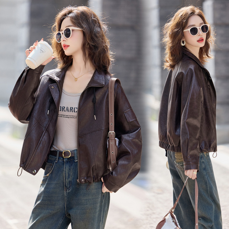 2025 Spring and Autumn New Haining Sheepskin Genuine Leather Women's Short Fashion Retro Motorcycle Bomber Jacket