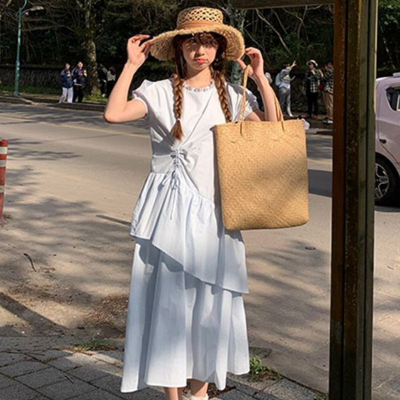 French-style niche ruffle drawstring shirt dress for women, summer short-sleeve, sweet and gentle style, slimming puff sleeve dress for women