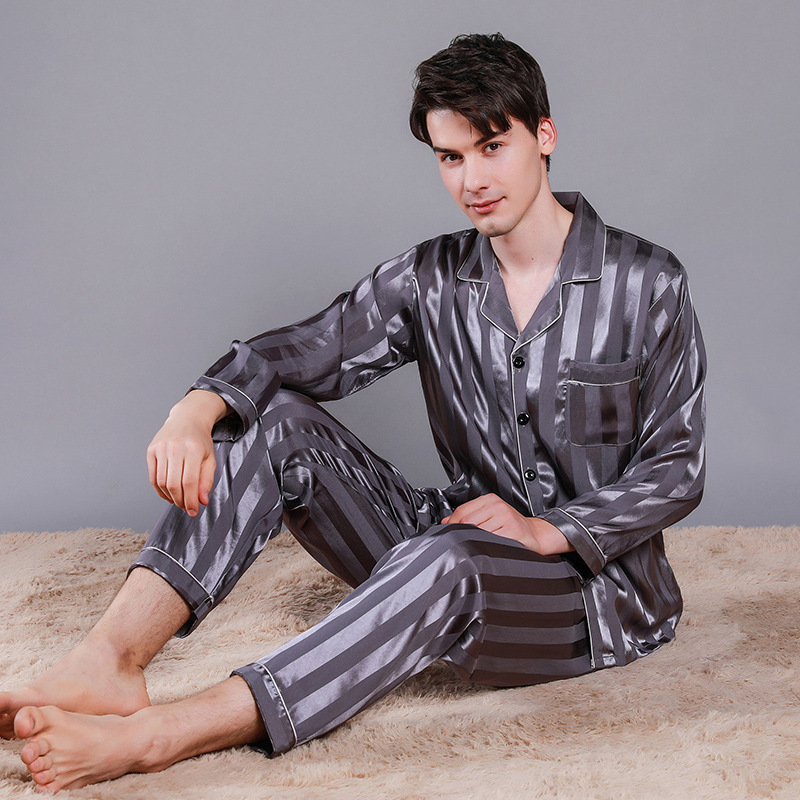 Men's Silk Pajamas Spring and Autumn Thin Silk Two-piece Cardigan Home Clothes Large Size Striped Long-sleeved Trousers