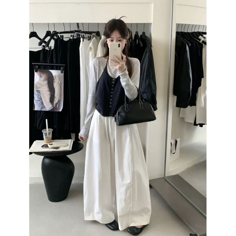 韩系清新简约慵懒氛围感撞色挂脖假两件针织衫休闲百搭修身上衣秋|undefined
