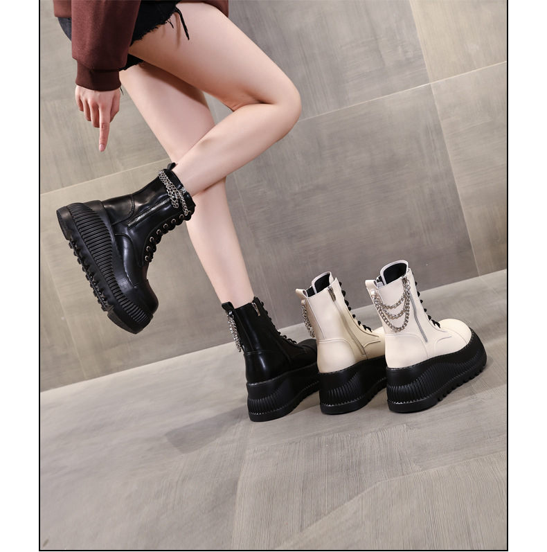 Boot Martin nữ cổ thấp đế dày tăng chiều cao, đế bánh xốp mềm — Màu be chi tiết 15