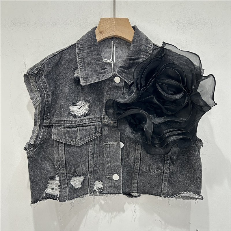 Personalidad europea agujero de bordes de lana chaqueta de vaquero chaqueta de mujer con flores tridimensionales 2024 nuevo clip de caballo corto image 2