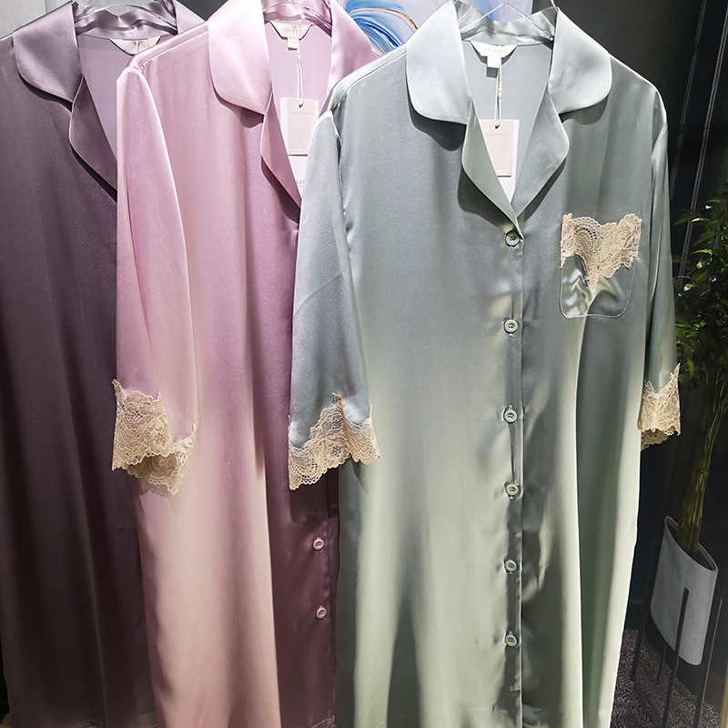 Simple French Style Romantic Lace Silk Nightgown Women's Summer 100 Mulberry Silk Pajamas Dress Large Size Home Clothes