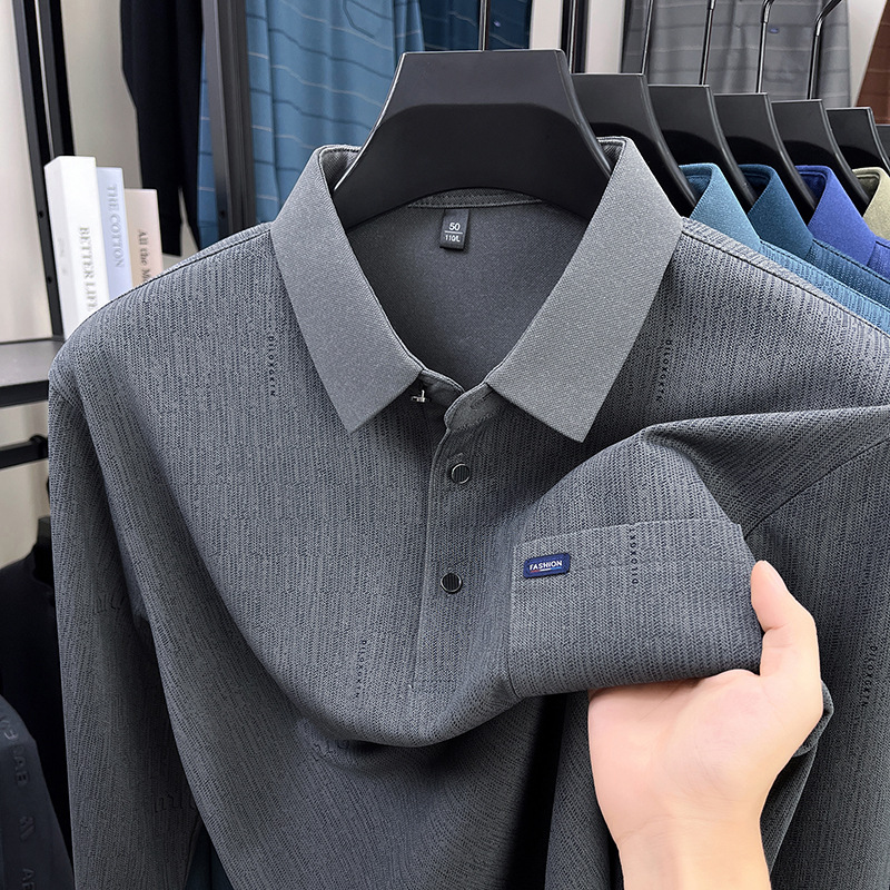 TikTok hot-selling new long-sleeve men's POLO shirt for spring and autumn, seamless business turn-down collar, inner layer, casual top for men