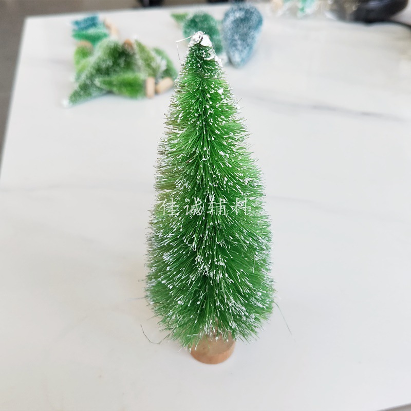 Árbol de Navidad en miniatura con seda de sisal en azul verdoso, pequeño adorno navideño de escritorio con torre de pino cubierta de nieve, de 3 a 23 cm.