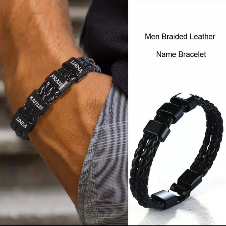 Men's Leather Bracelet Black Woven Leather Rope Name Engraving Bracelet Men's Double Layer Alloy Engraving Bracelet