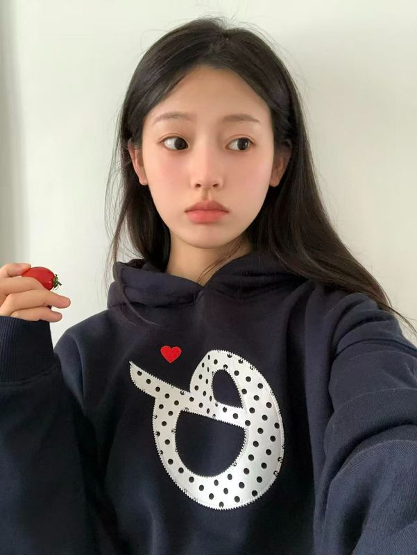 学院风连帽卫衣女秋季穿搭波点字母印花长袖宽松休闲藏青色上衣潮|undefined