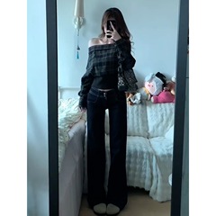 法式黑色一字肩长袖TT恤女早秋季2025新款小个子休闲气质收腰上衣