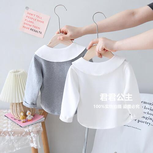 Baby girl collared t-shirt with color-blocked butterfly bow, long-sleeved, children's innerwear, spring and autumn style