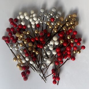 Artificial simulated berry branches, gold and silver glass beads, fruit skewers, wedding candy box accessories, DIY Christmas garland materials