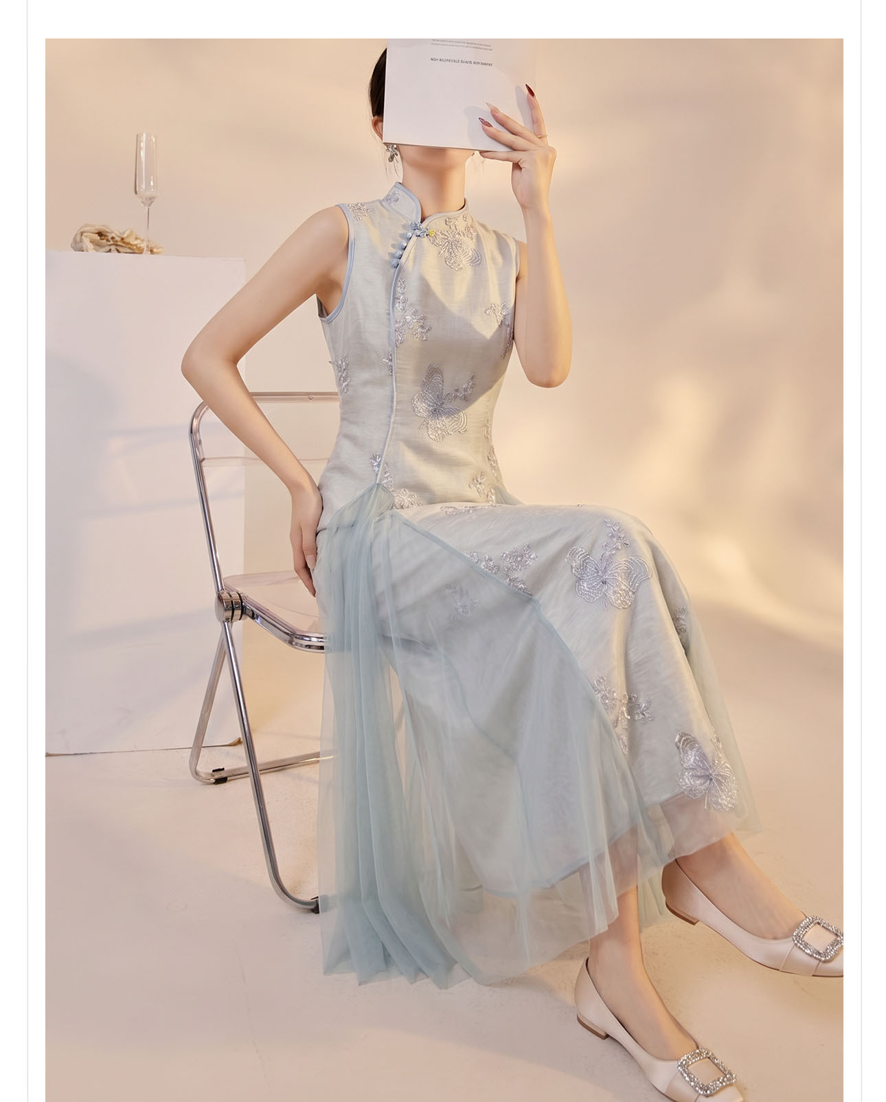 Váy dài không tay nữ tính dáng maxi — màu xanh nhạt chi tiết 5