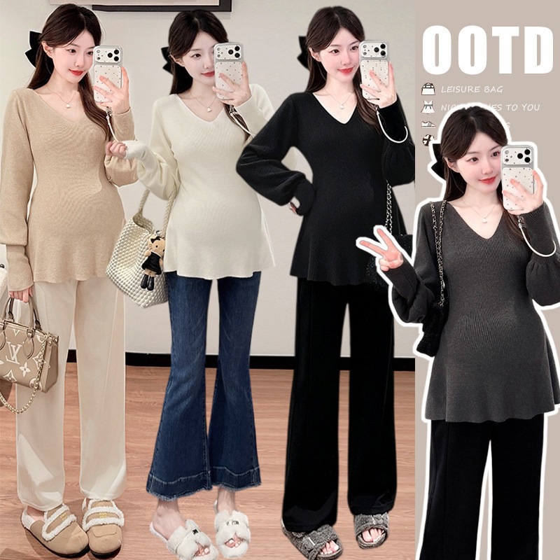 Maternity wear French-style slim-fit new V-neck knit top, trendy versatile top for moms, lantern sleeve base shirt for outerwear