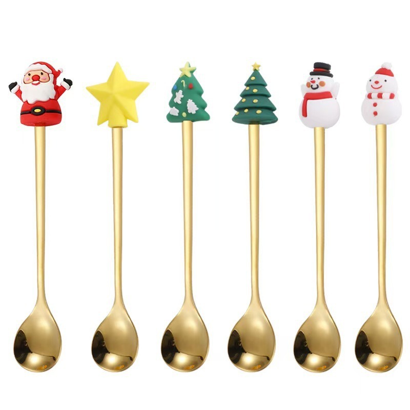 Cucharas de acero inoxidable transfronterizas muñecas de Papá Noel cubiertos cajas de regalo caseras de café mezclador cucharas de postre horquilla de frutas