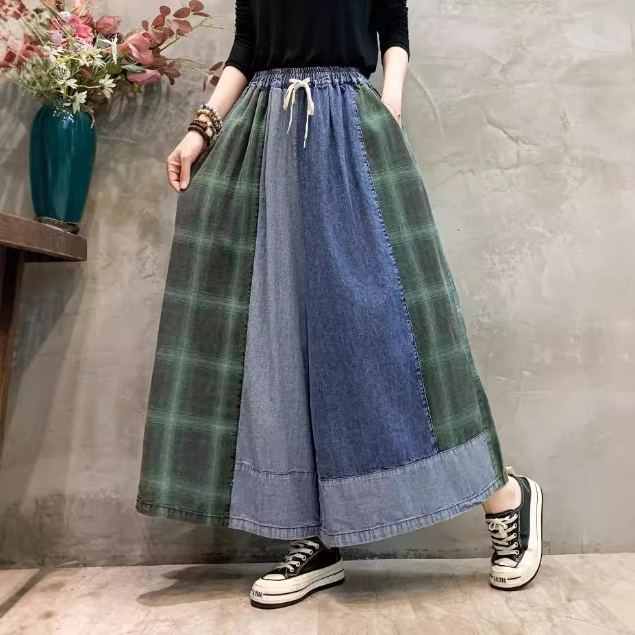 潮流撞色格子贴布拼接牛仔阔腿裤女胖mm宽松遮肉显瘦洋气直筒裙裤