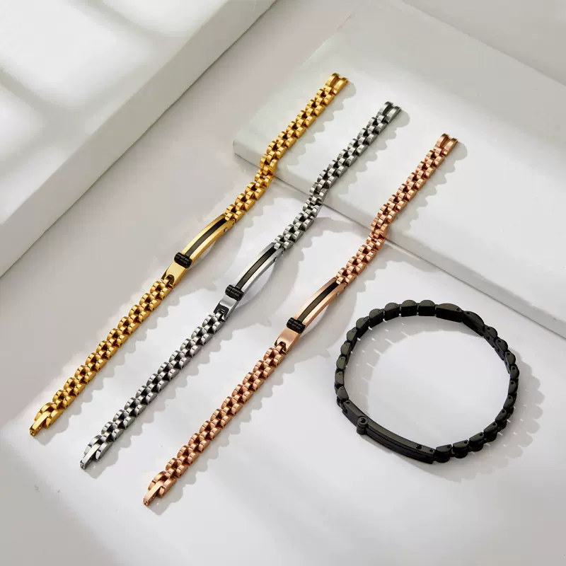 欧美跨境不锈钢几何弯牌手链时尚表带式手链饰品电镀18K金色