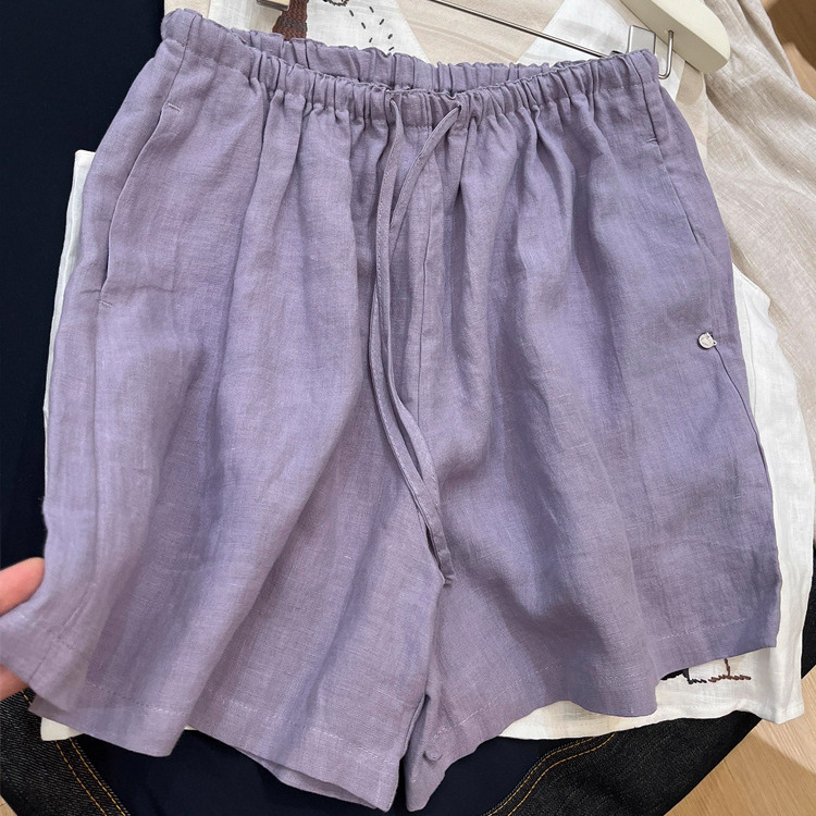 Highly Recommended! Super Stylish Purple High-Waisted Linen Shorts for Women, Summer Loose Fit, Slimming, Versatile, Casual Wide-Leg Pants