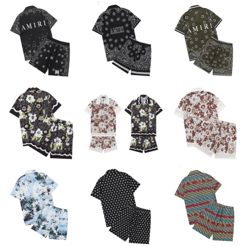 Cross-Border Wholesale Men's Shirts Autumn and Summer Popular Trendy Brand Amiri Full Body Letter Printed Short-Sleeved Shirt T-Shirt Set