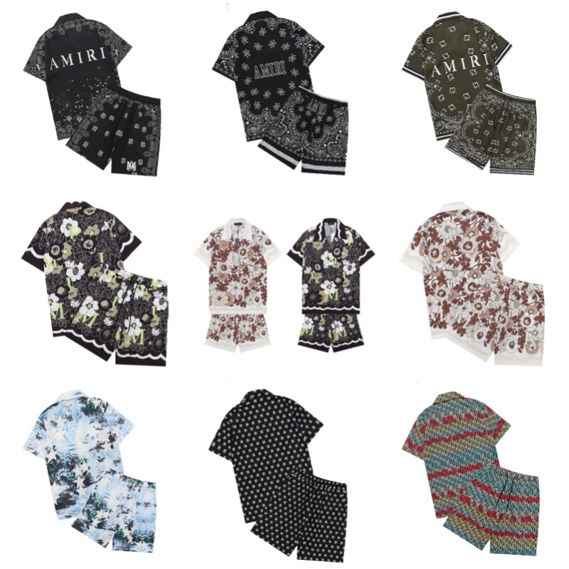 Cross-Border Wholesale Men's Shirts Autumn and Summer Popular Trendy Brand Amiri Full Body Letter Printed Short-Sleeved Shirt T-Shirt Set