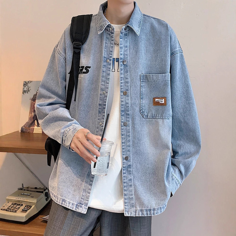 Boys' Washed Denim Long-Sleeved Shirts, Spring and Autum Jackets, Teenagers' High-Quality Tops, Lapel Casual Jackets