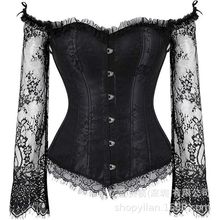 节日热销蕾丝宫廷束身衣长袖一字肩抹胸礼服胸衣舞台派对塑身上衣