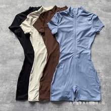 瑜伽连体服欧美风秋季新款短袖连体衣女舞蹈健身紧身运动连体短裤