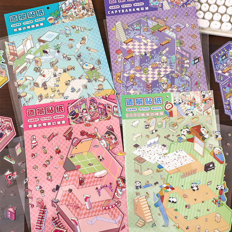 Pegatinas de paisajismo de tres capas de dibujos animados, escenas en miniatura tridimensionales en 3D creativas y lindas, collage de cuentas a mano, pegatinas de bricolaje de descompresión