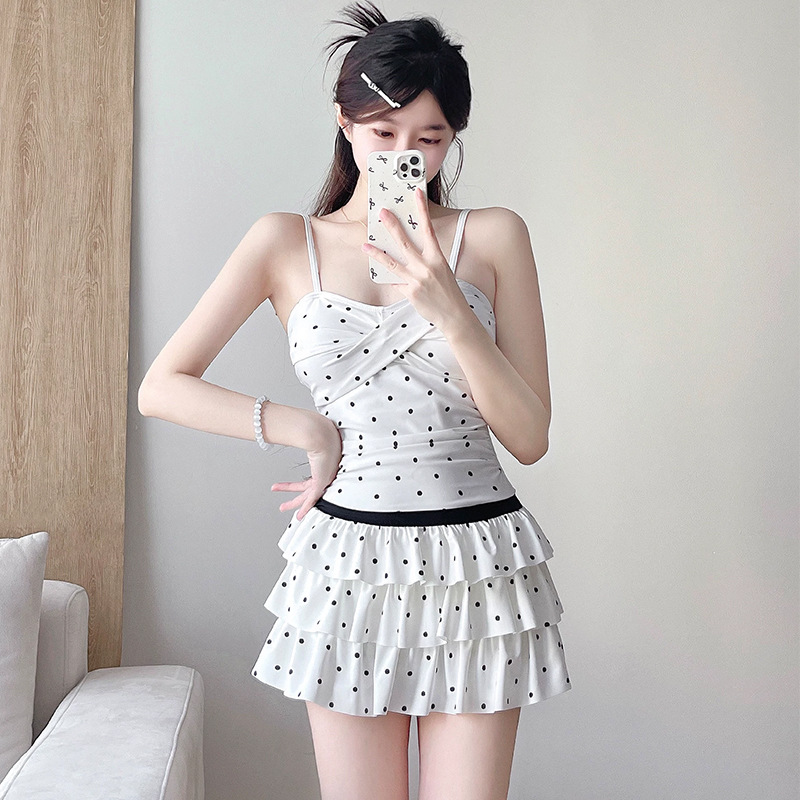 Swimsuit New Style High-Looking Suspender Polka Dot Skirt Style Bow Strap One-Piece Sexy Girl Vacation Swimsuit for Women