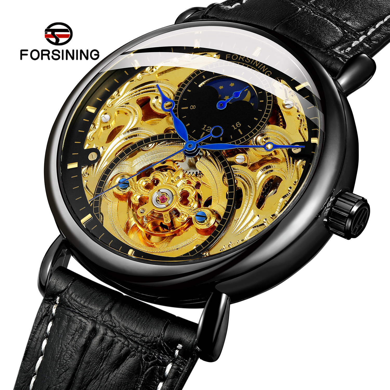 Forsining hombres de moda hueco-hacia fuera transparente reloj mecánico automático reloj de los hombres reloj de la correa ocasional