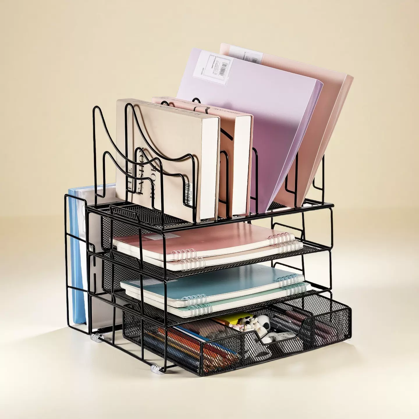 办公室多层桌面金属文件架办公用品收纳架抽屉式书立架放桌文件框