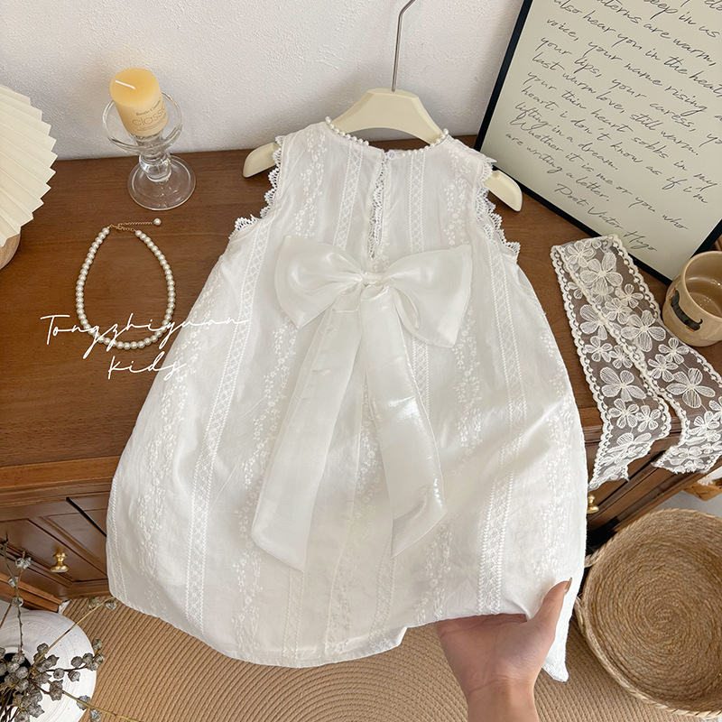 Girls Summer New Fashion Western Style White Bow dress Baby Girl Casual Fashion Quality Children's Wear Trendy