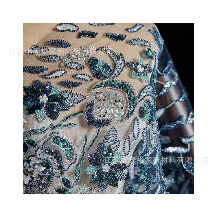 Tejido de bordado de malla azul gradiente flor sequin de clavos de cuentas de tela bordada vestido de boda image 6