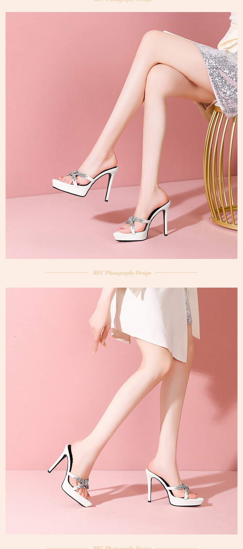 Sandal cao gót nữ mũi nhọn hở ngón đính đá rhinestone, gót 10 cm, đế platform — Màu nude 10cm chi tiết 9